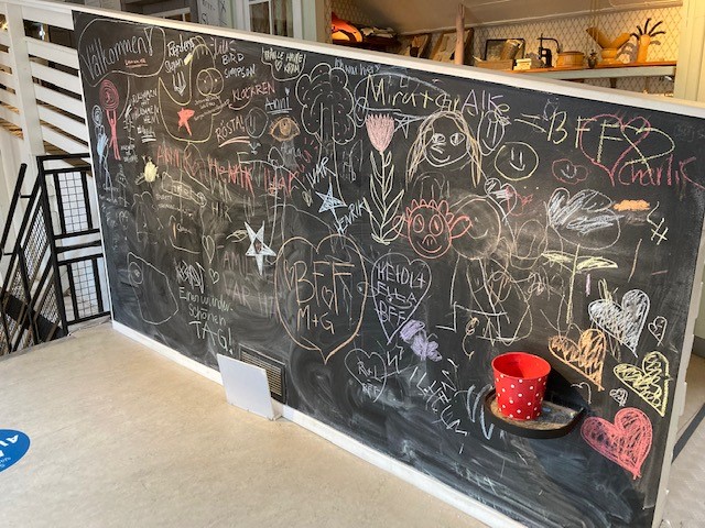 Svart tavla som barn har ritat på med kritor, från Stadsmuseets familjehylla