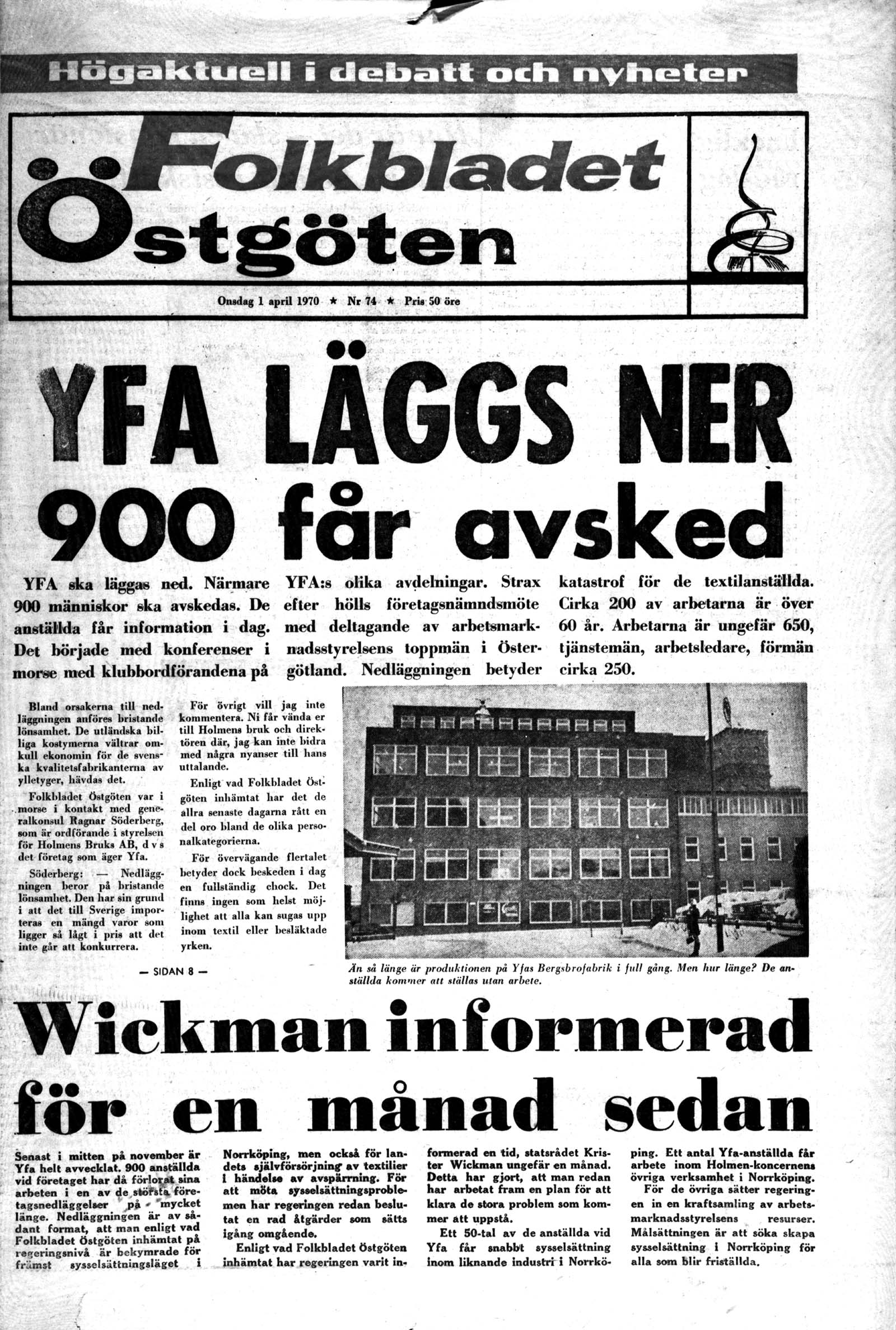 Inscannad svartvit tidningsartikel från Folkbladet Östgöten med rubriken "YFA läggs ner"